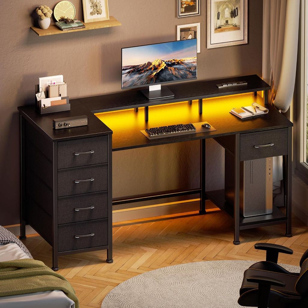 47 Inch Gaming Desk with Power Outlets and LED Lights, Reversible Computer Desk with 5 Fabric Storage Drawers, Home