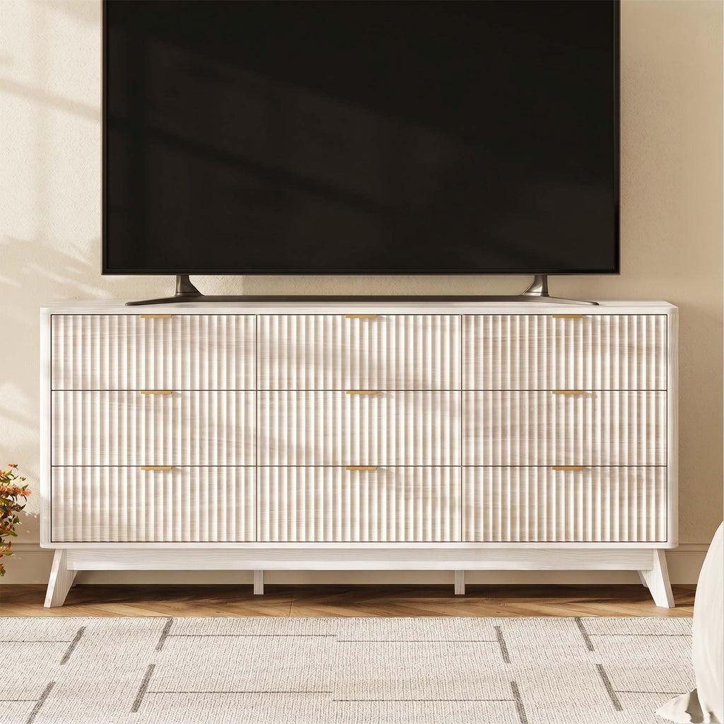 63" Wide Fluted 9 Drawers, Curved Edge, White