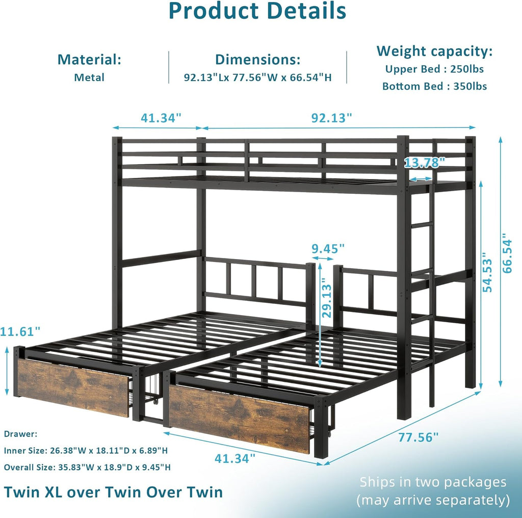 Triple Bunk Bed for Kids,Detachable TwinXL Over Twin Over Twin Metal Bunk Bed with Guardrails,Ladder &