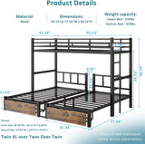 Triple Bunk Bed for Kids,Detachable TwinXL Over Twin Over Twin Metal Bunk Bed with Guardrails,Ladder &