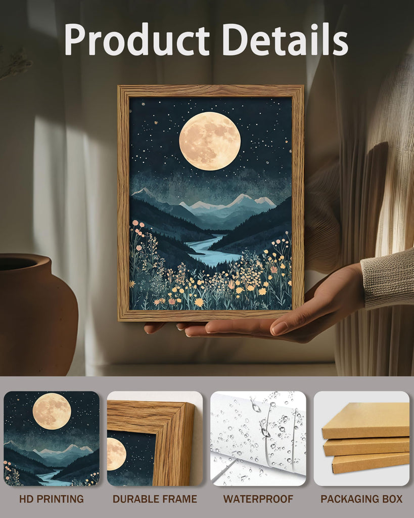 Framed Moonlight Mountain Landscape Canvas Wall Art, Vintage Nature Aesthetic Wall Decor Painting, Full Moon Night
