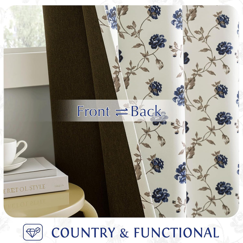Floral 100% Blackout Curtains 84 Inches Long 2 Panels for Bedroom Living Room Blue Brown on Beige Vintage Rose Flower