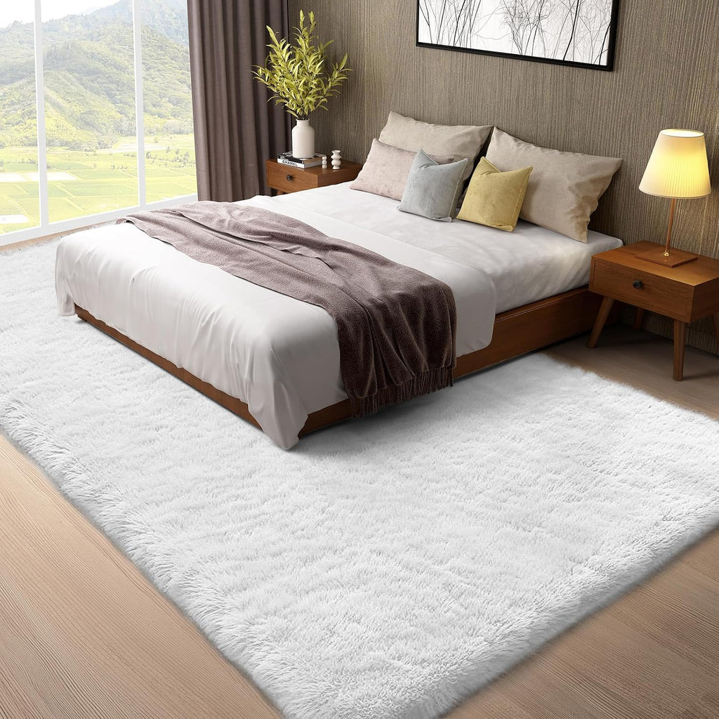 White Area Rugs, Large Shag Bedroom Carpet, Big Indoor Thick Soft Nursery Rug, Ivory Carpets for Boy and Girls