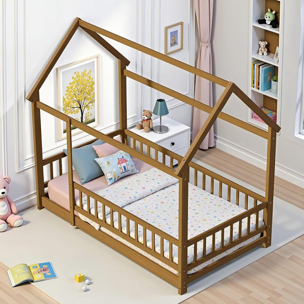 Montessori Floor Bed Frame with Slats and Fence, Wooden House Bed for Boys Girls Bedroom, Light Espresso