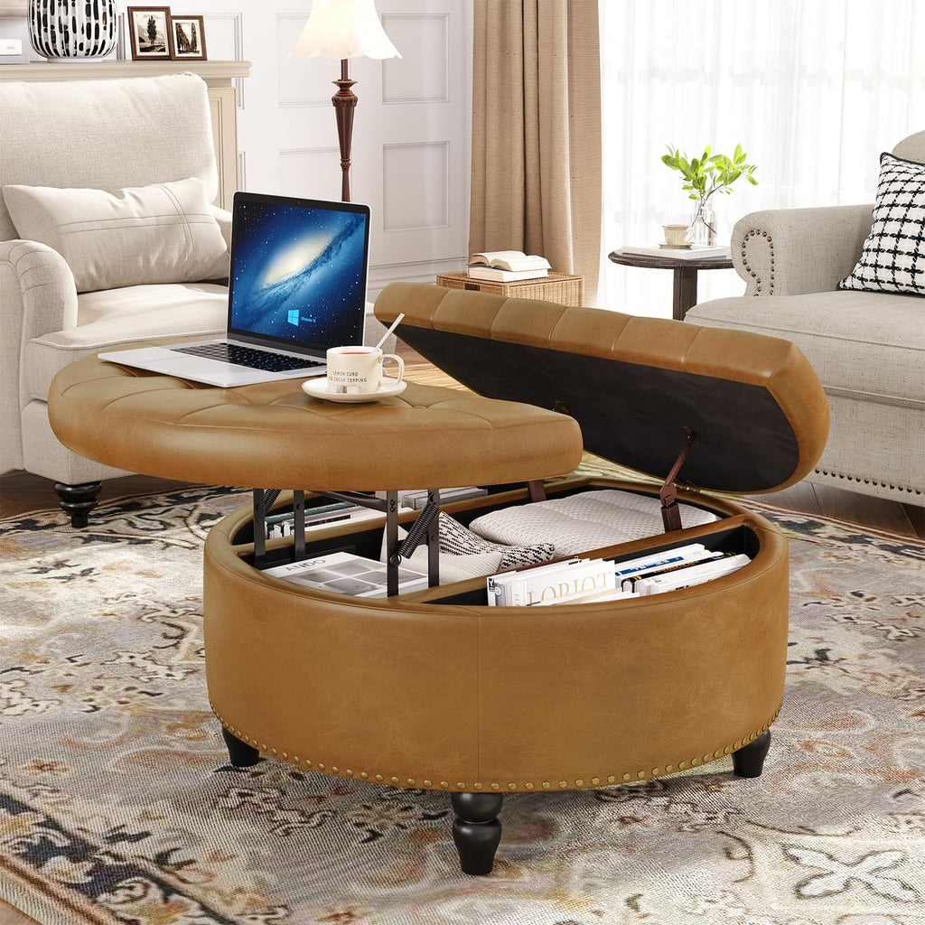31.5 Inch Large Round Ottoman with Storage Circular, Camle