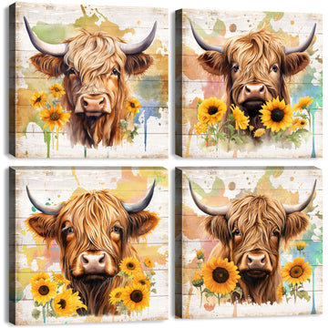 Farmhouse Highland Cow Canvas Wall Art Bathroom Decor Rustic Sunflower Pictures Dining Room Home Decorations