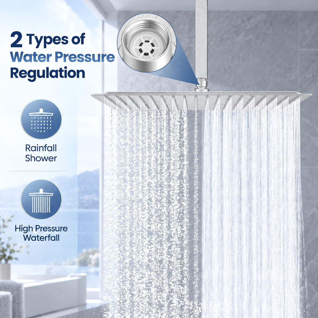 16 Inch Brushed Nickel Large Rain Shower Head, 304 Stainless Steel Square High Pressure Rainfall Shower Head, Ultra