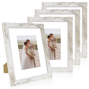 8x10 Picture Frame Set of 4, Real Glass and Wood Frame, 5x7 Mat
