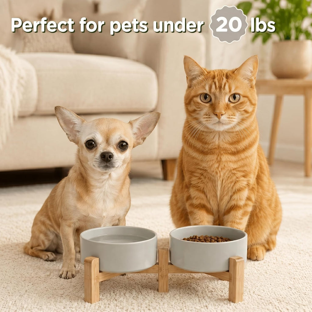 Elevated Dog Bowls Ceramic, 5.1'' Dogs and Cat Food Water Bowls Raised with Non-Slip Bamboo Stand for Puppy Small