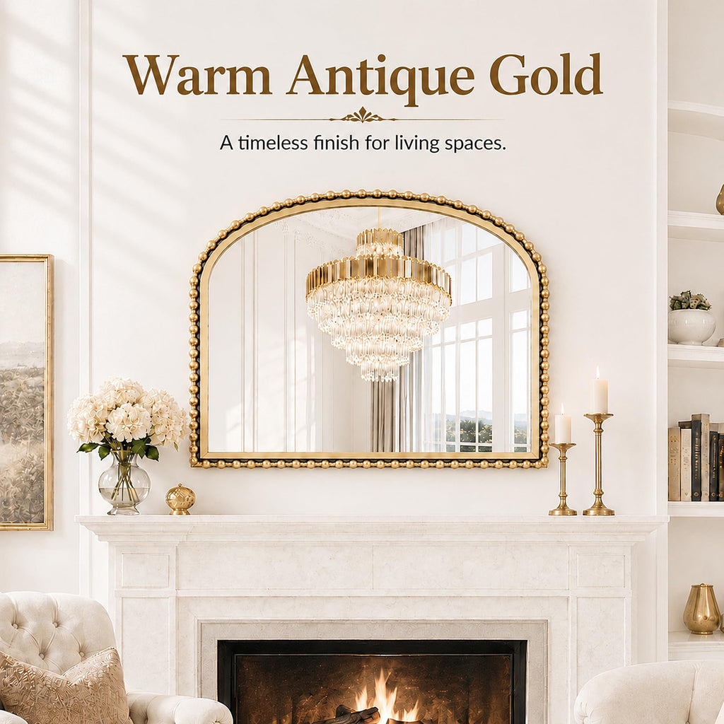 40"x30" Wide Arch Wall Mirror, Antique Gold Bold Beaded Frame