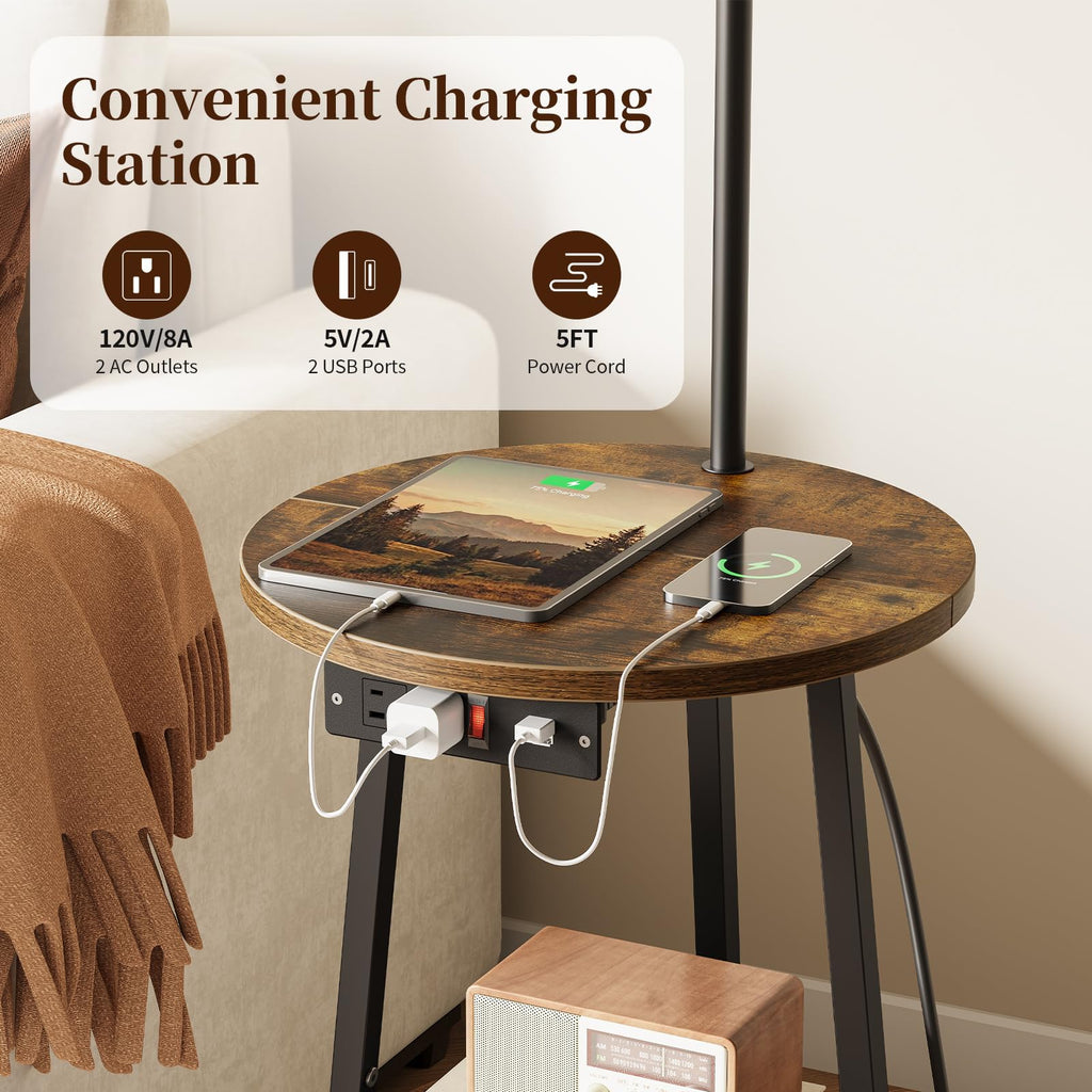 Floor Lamp with Table - Farmhouse Night Stand with Charging Station