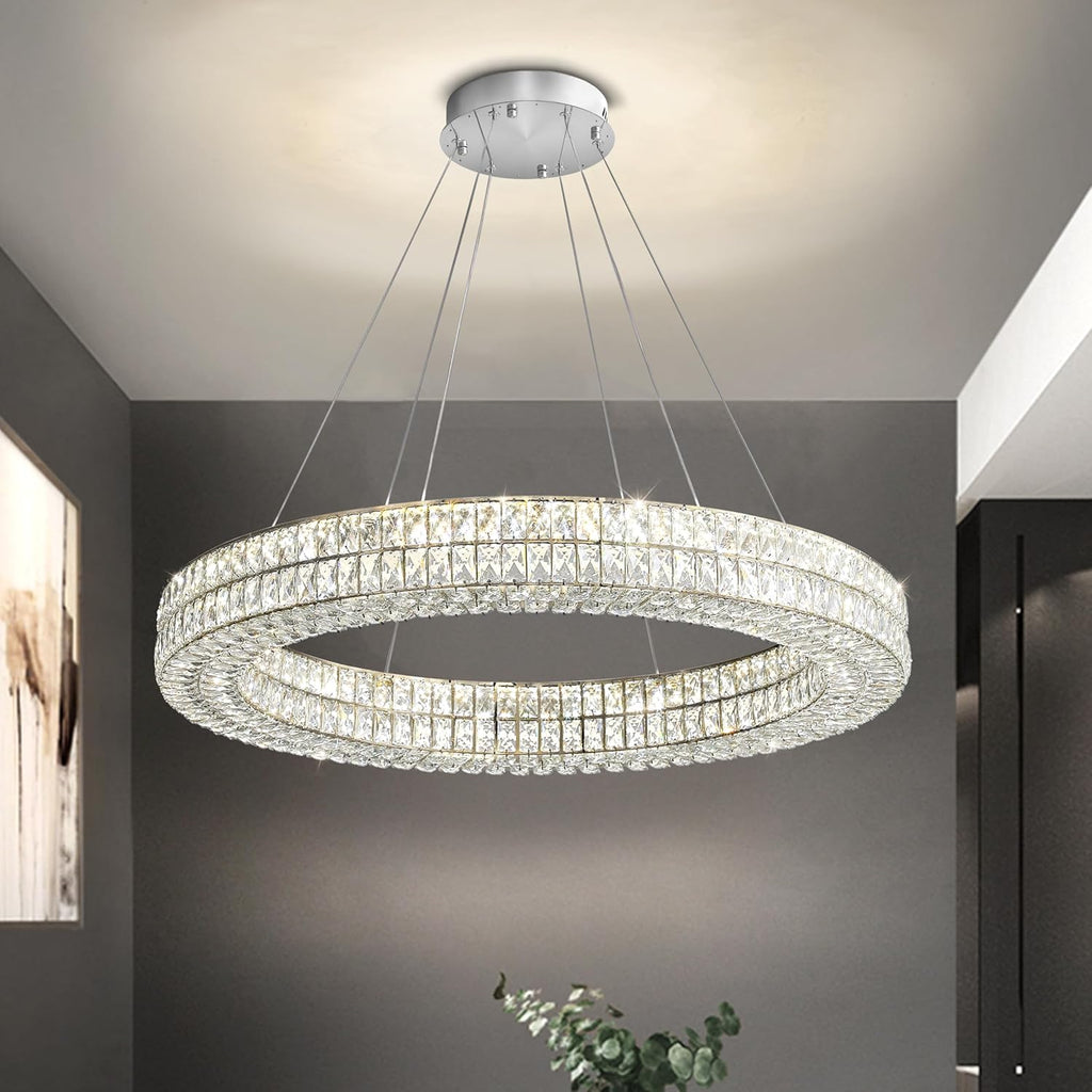 Led Ring Crystal Chandelier, Modern Dimmable Chandeliers Lighting and Hanging Adjustable, LED Round Ceiling Light for Dining Room Living Room 24" Silver A122-B0CHM6DPJ3