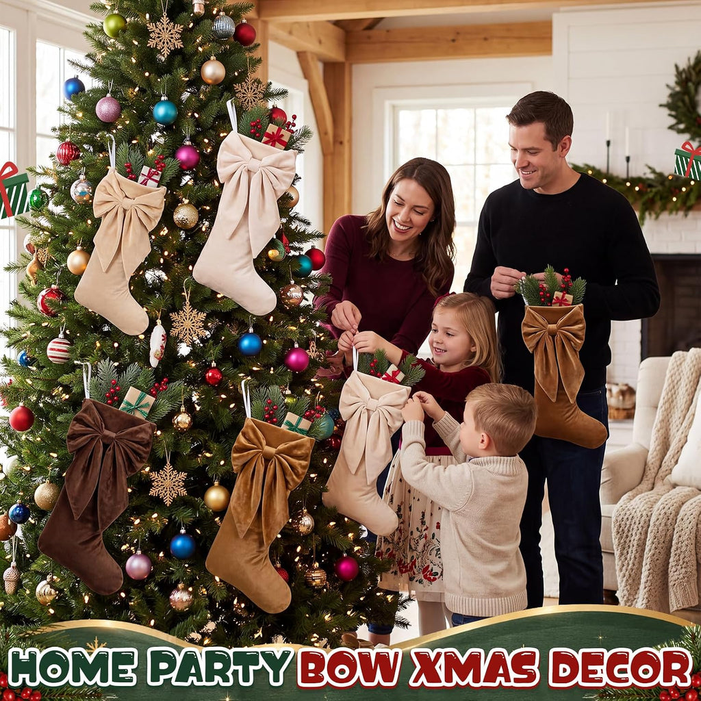 4 Pack Brown Series Velvet Christmas Bow Stockings 18" Coquette