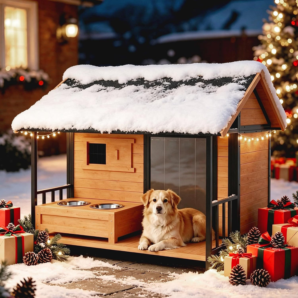 Large Outdoor Dog House with Porch & Dog Bowls for Large Dogs