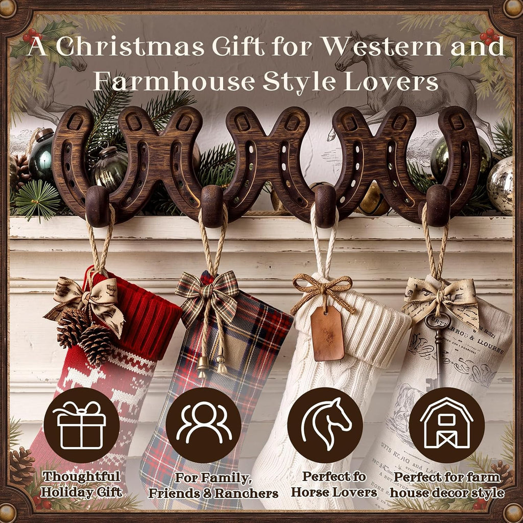 4 Pack Christmas Stocking Holders for Mantel Horseshoe Heavy Duty Cast Iron Mantel Hooks Rustic Western Farmhouse