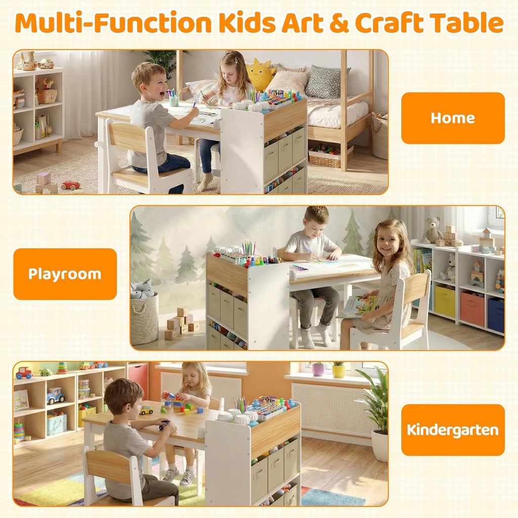 Kids Art Table and Chairs, Wooden Kids Craft Table and Chairs with Storage Bins and Paper Roll, Toddler Activity Play