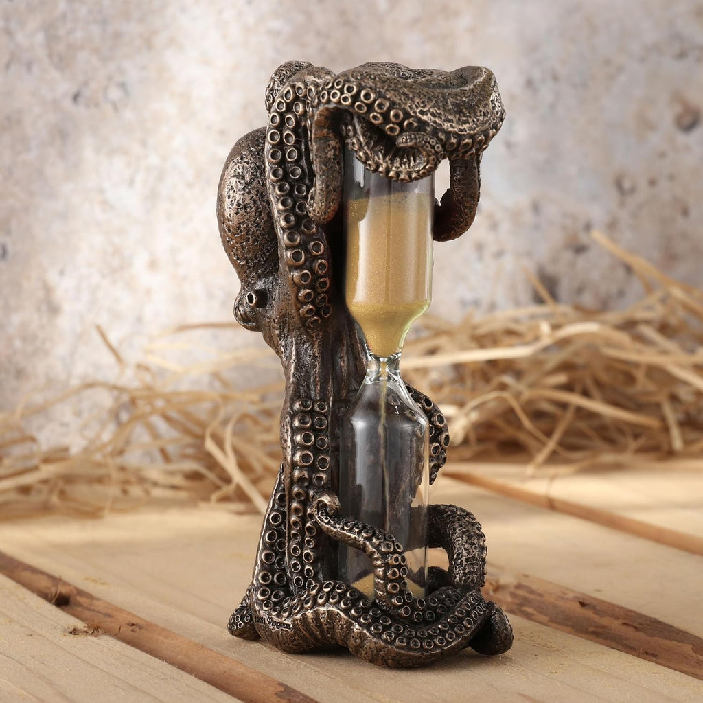 4 1/2 Inch Octopus Hourglass 5 Minutes Gold Colored Sand Timer Cold Cast Bronzed Resin Sculpture