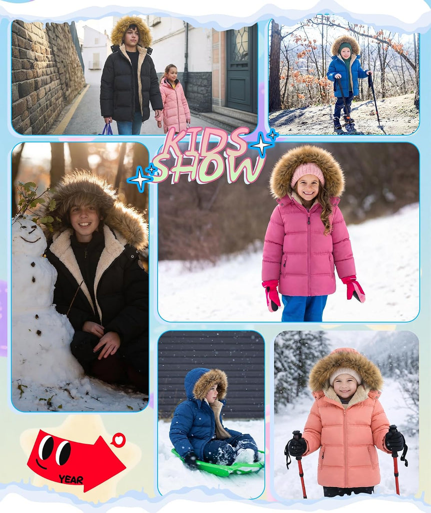 Boy's Girl's Winter Coat Puffer Sherpa Warm Jacket with Detachable Fur Hood