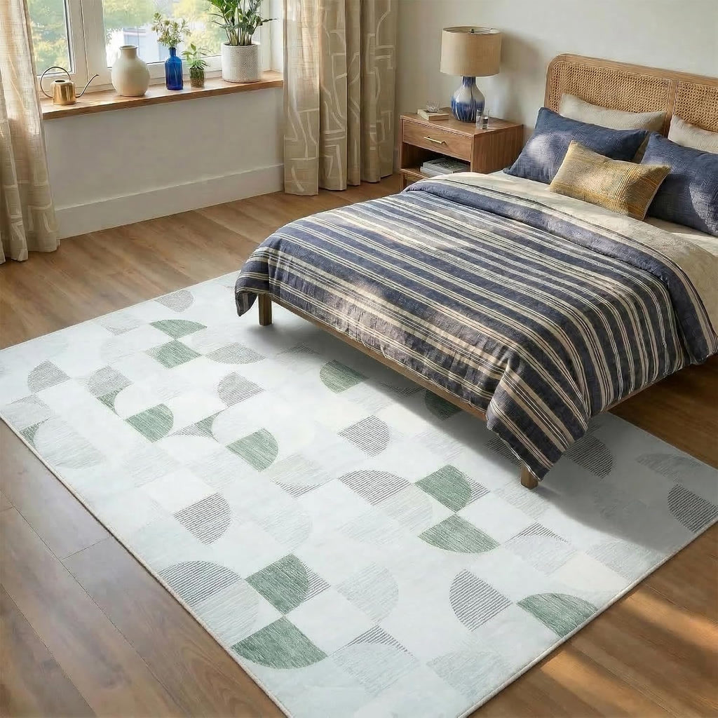Green Modern Geometric Area Rugs Checkered Rug Soft, Machine Washable Stain Resistant Rugs Lightweight Low Pile