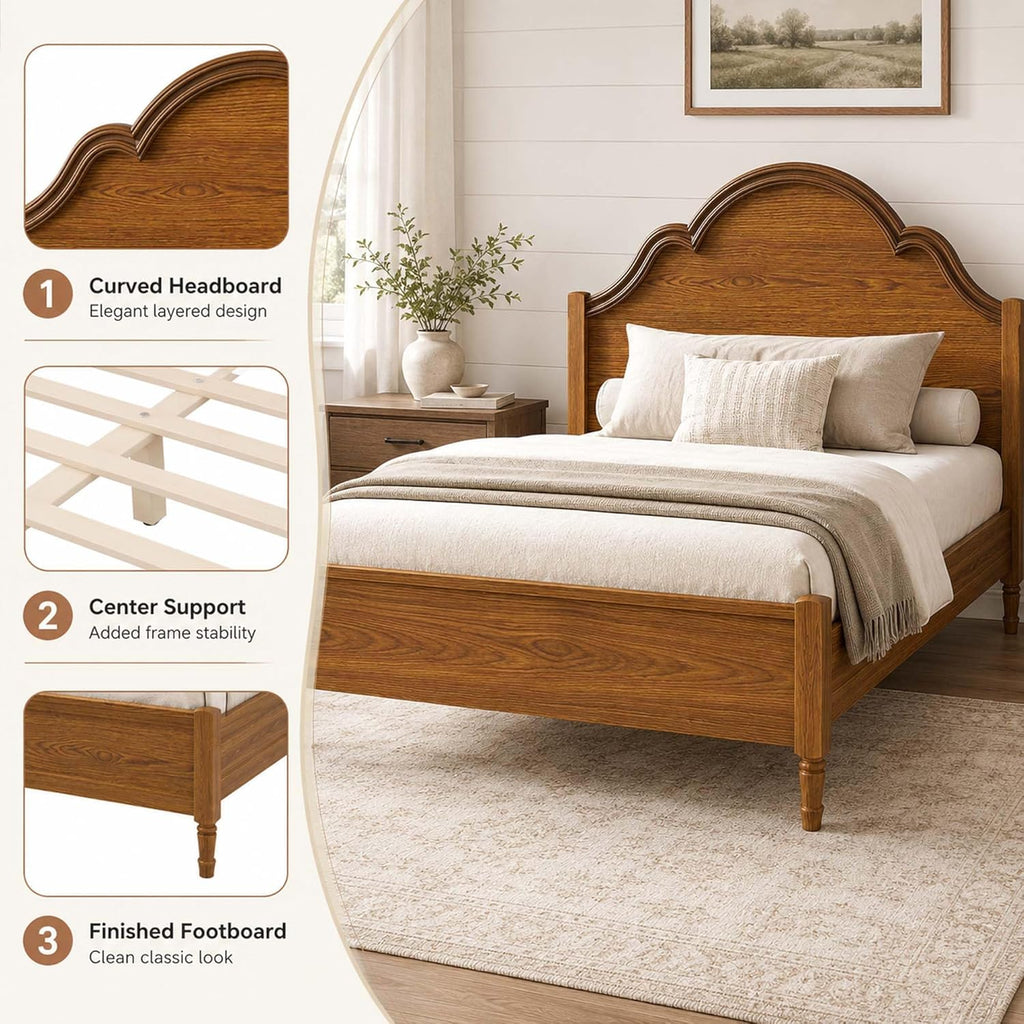 Rustic Vintage Full Wood Bed Frame with Retro Style Tall Headboard, Farmhouse Wooden Bed Frames Full Platform Bed