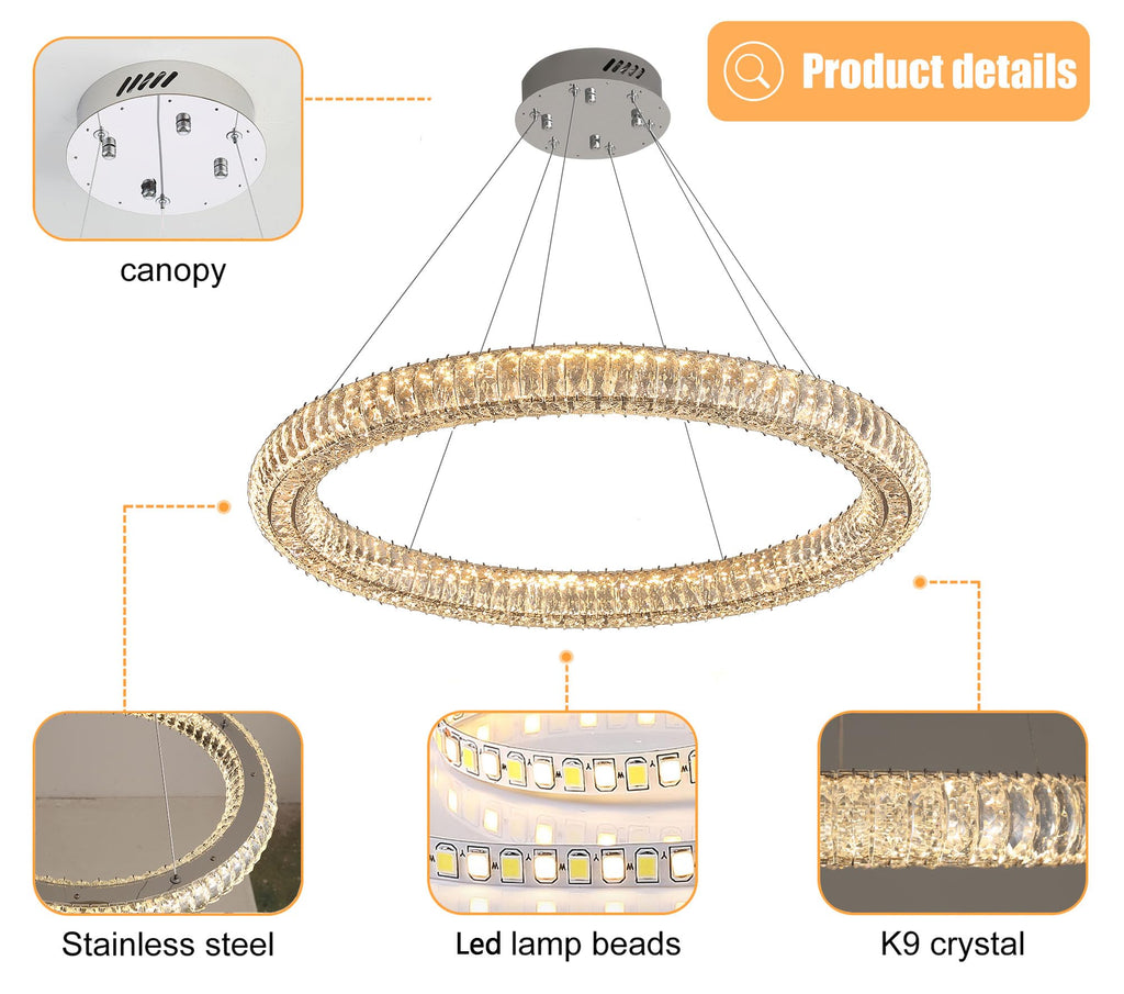 Modern LED Crystal Ring Chandelier Dimmable 47.5" Ring Pendant Light Adjustable Round Crystal Chandelier Light Living