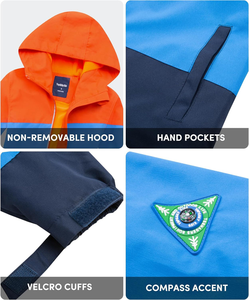 Boys Girls Hooded Color Block Waterproof Fleece Lined Windbreaker Jacket