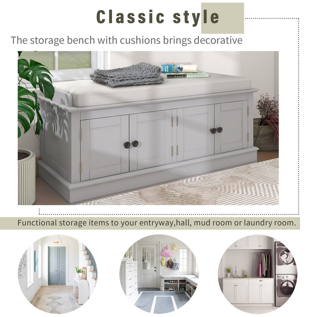 Upholstered Storage Bench with 4 Doors and Removable Cushion, Wooden Shoe Bench with Adjustable Shelves, Grey