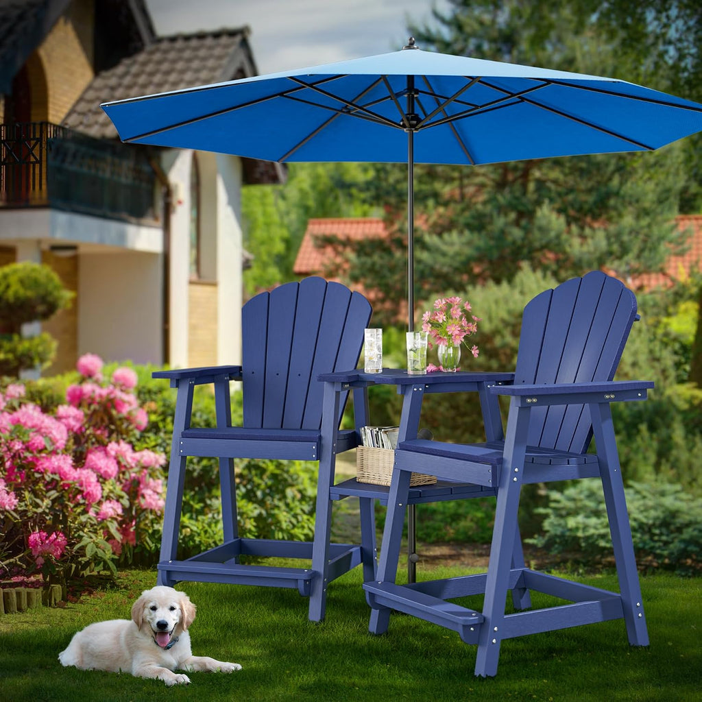 Tall Adirondack Chairs Set of 2 with Double Connecting Tray | Weather-Resistant HDPE, Wood-Grain Texture, Footrests