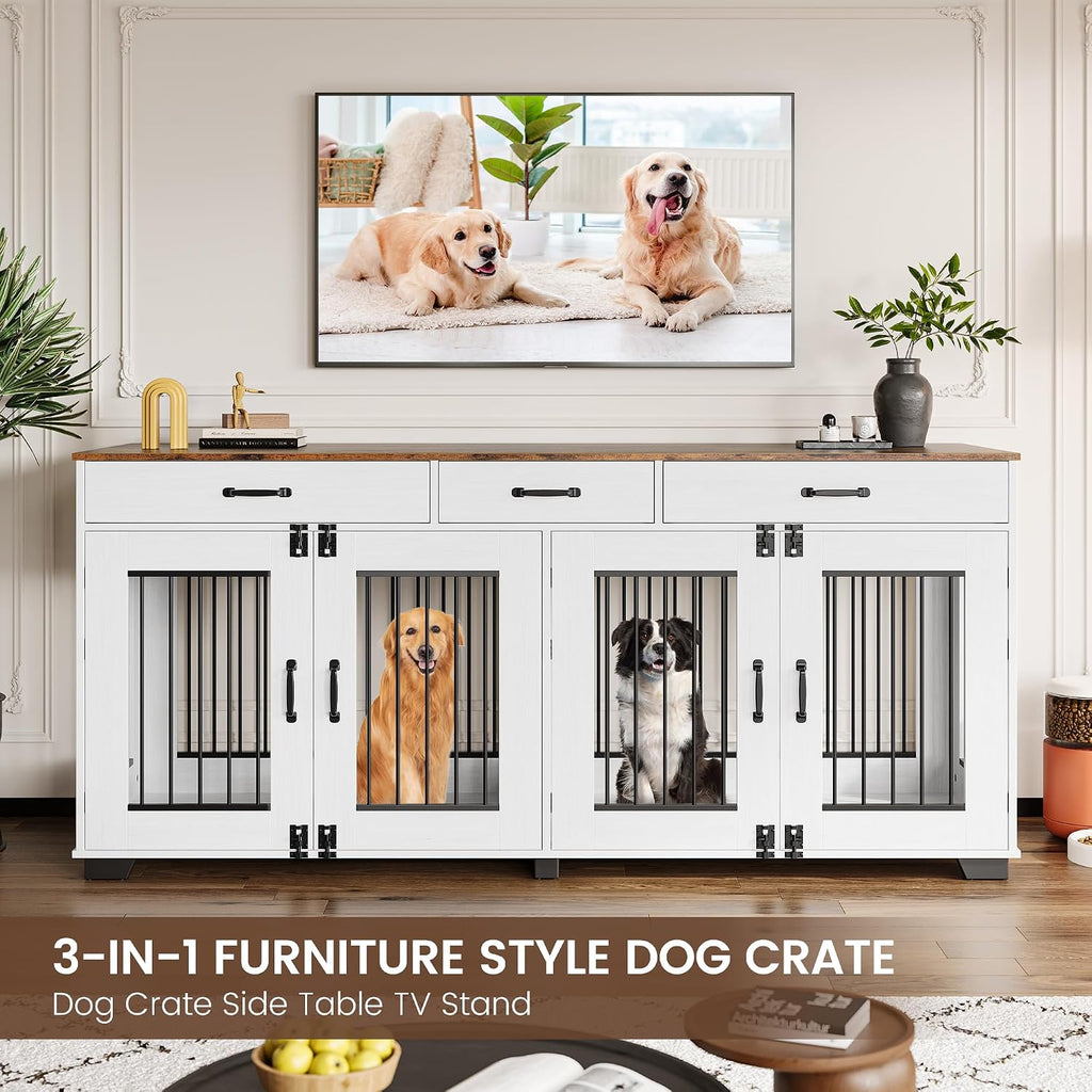 Large Dog Crate Furniture for 2 Dogs with 3 Drawers, Heavy Duty Double Indoor Dog Kennel and TV Stand