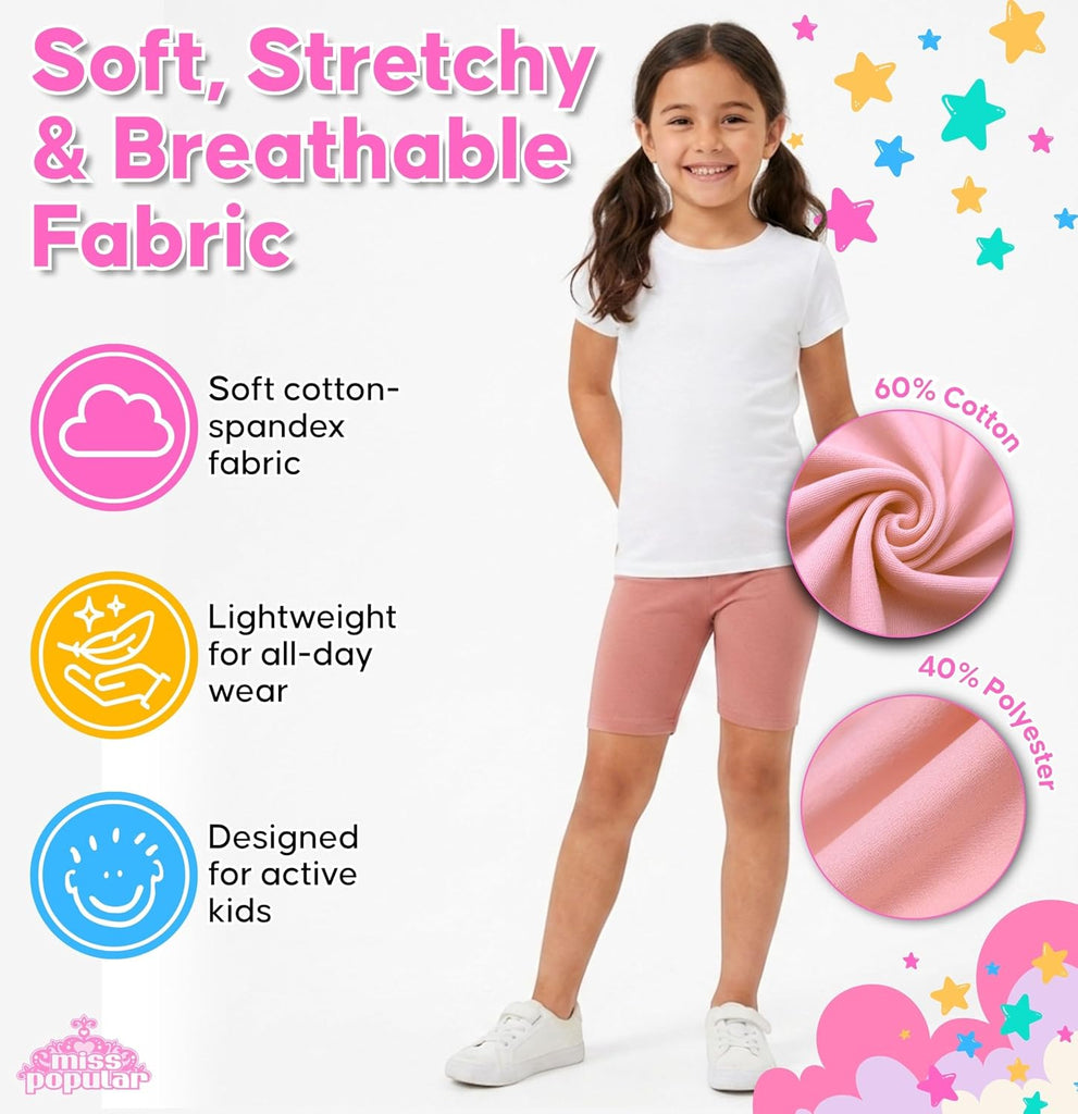 Girls Cotton Spandex Biker Shorts Pack Stretch Active Shorts Elastic Waist Dance School Play