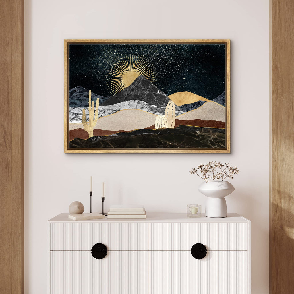Framed Canvas Print Wall Art Set Golden Marble Mountain Sun Range Nature Wilderness Illustrations Modern Art
