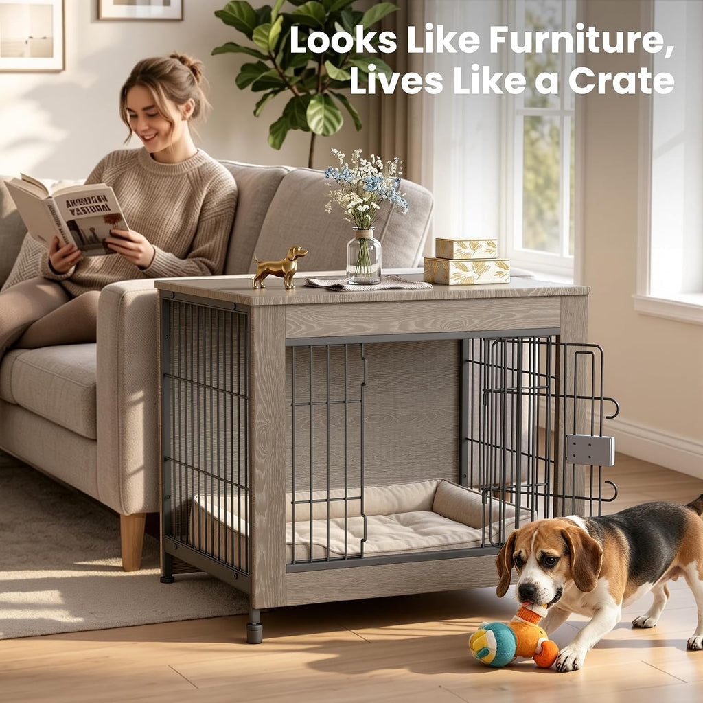 Wooden Dog Crate Furniture for Small to Medium Dogs, Greige