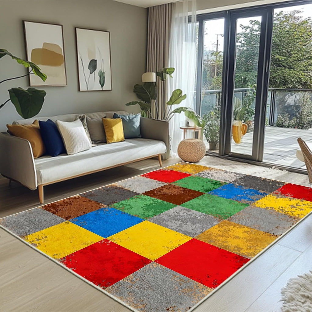 Colorful Retro Checkered Rug Non Slip Geometric Area Rug