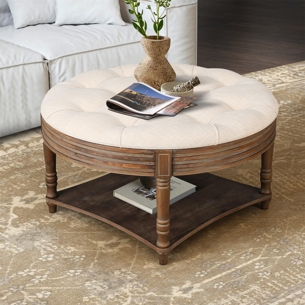 31.5in Farmhouse Round Ottoman Coffee Tables Office, Tufted Upholstered Linen Ottoman Centre Table with Storage Shelf