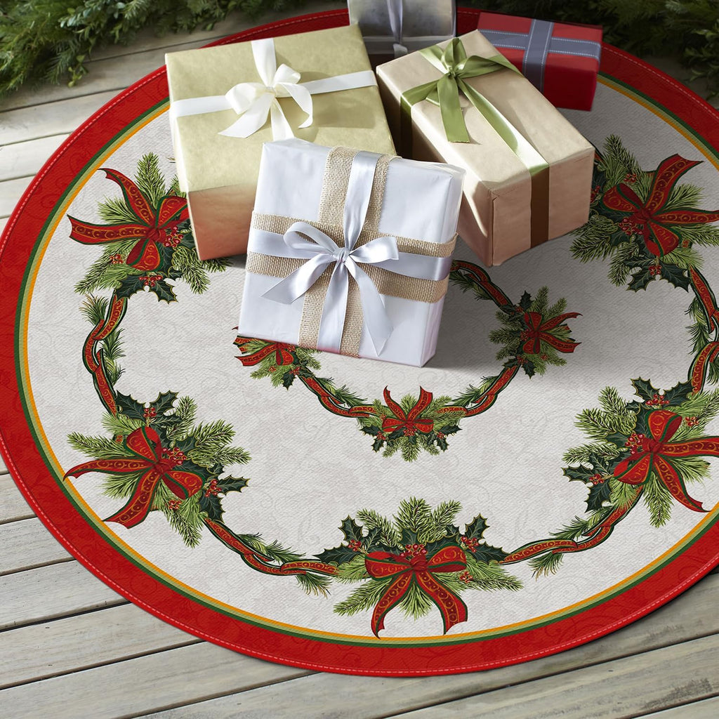 Christmas Tree Skirt 48 Inch, Christmas Ribbon Holly Winter Holiday Tree Mat Decoration
