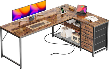 61" L Shaped Desk with Power Outlets & 4 Drawers | Reversible Computer Desk with 2 Storage Shelves, Large Corner