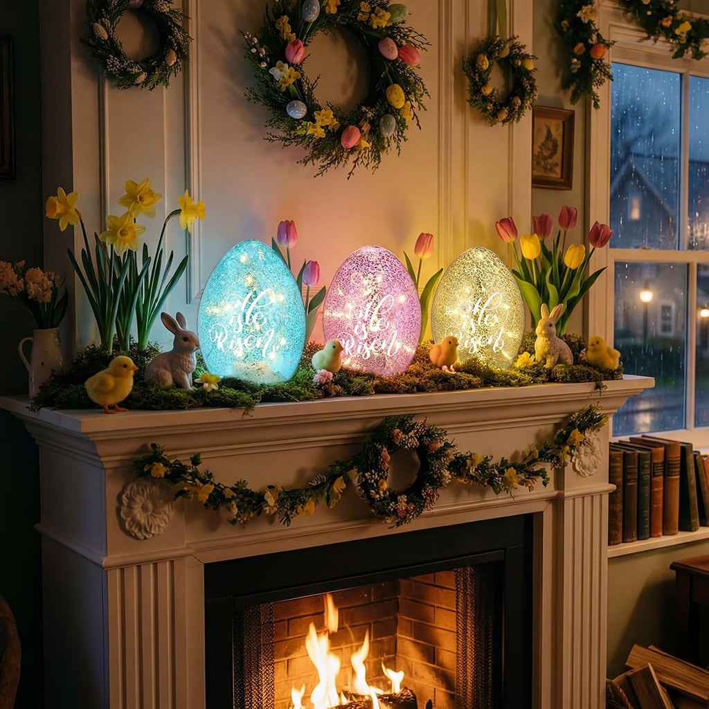 Easter Egg Light Decorations, He is Risen Table Centerpiece Lights with Timer Mercury Glass Egg Lamps, Spring - Set of 3