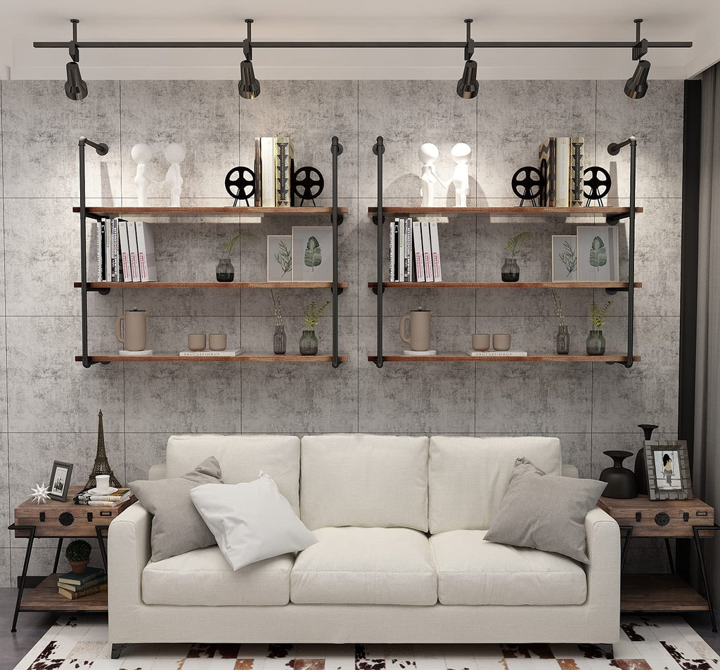 Industrial Wall Mounted Pipe Shelving, Rustic Metal Floating Shelves, Steampunk Real Wood Bookcases, DIY Bookshelf