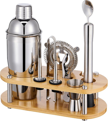Cocktail Shaker Bartender Kit, Bar Tool Set with Bamboo Stand - Set of 11