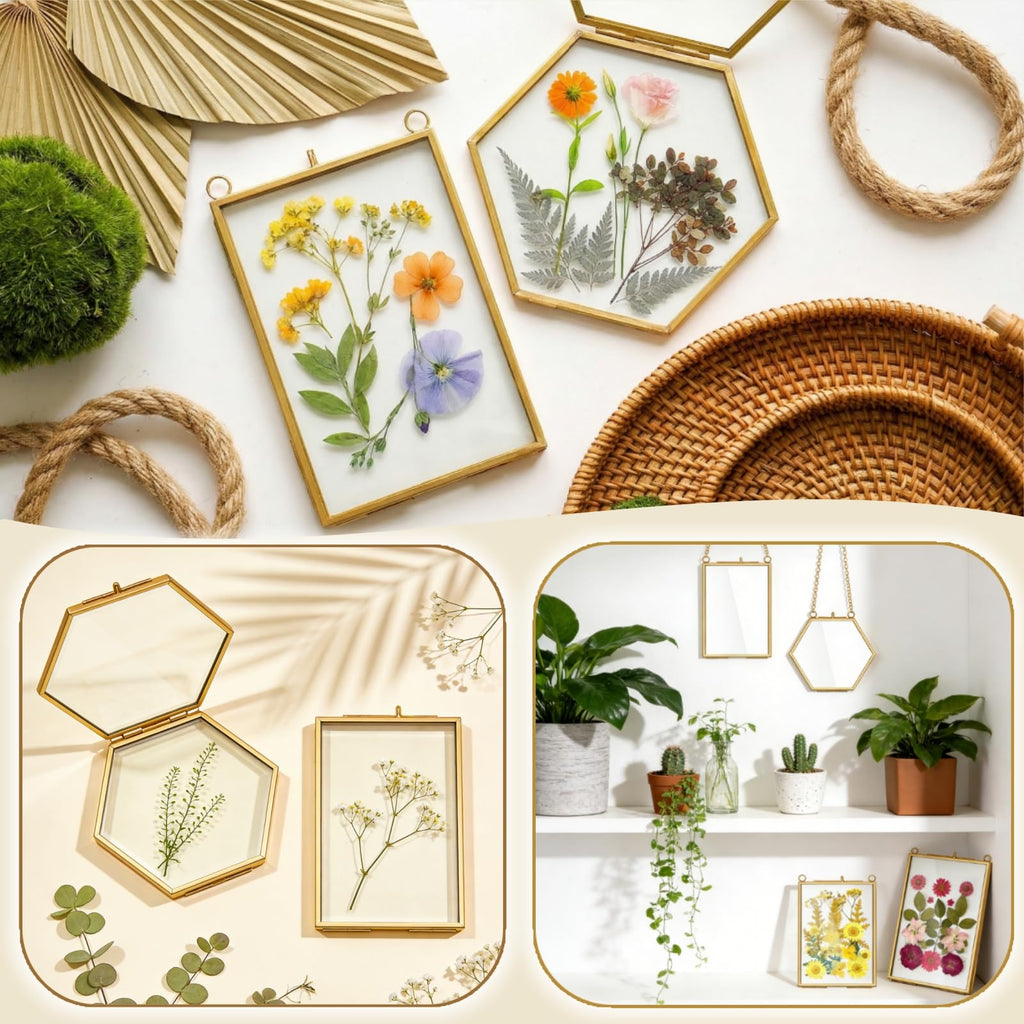 3 Pack Pressed Flowers Glass Frames, Brass Hanging Picture Frames with Chain, Small Golden Floating Photo Frame