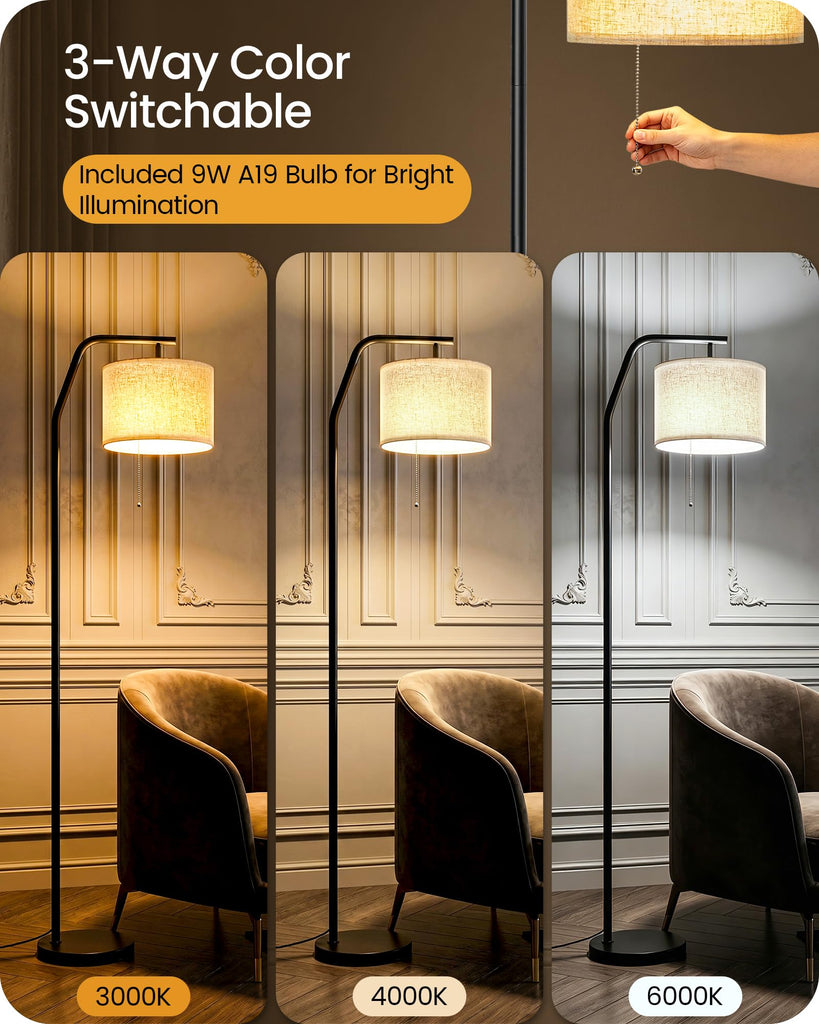 Tall Floor Lamps, 3 Color Temperatures Bulb & Pull Chain Memory