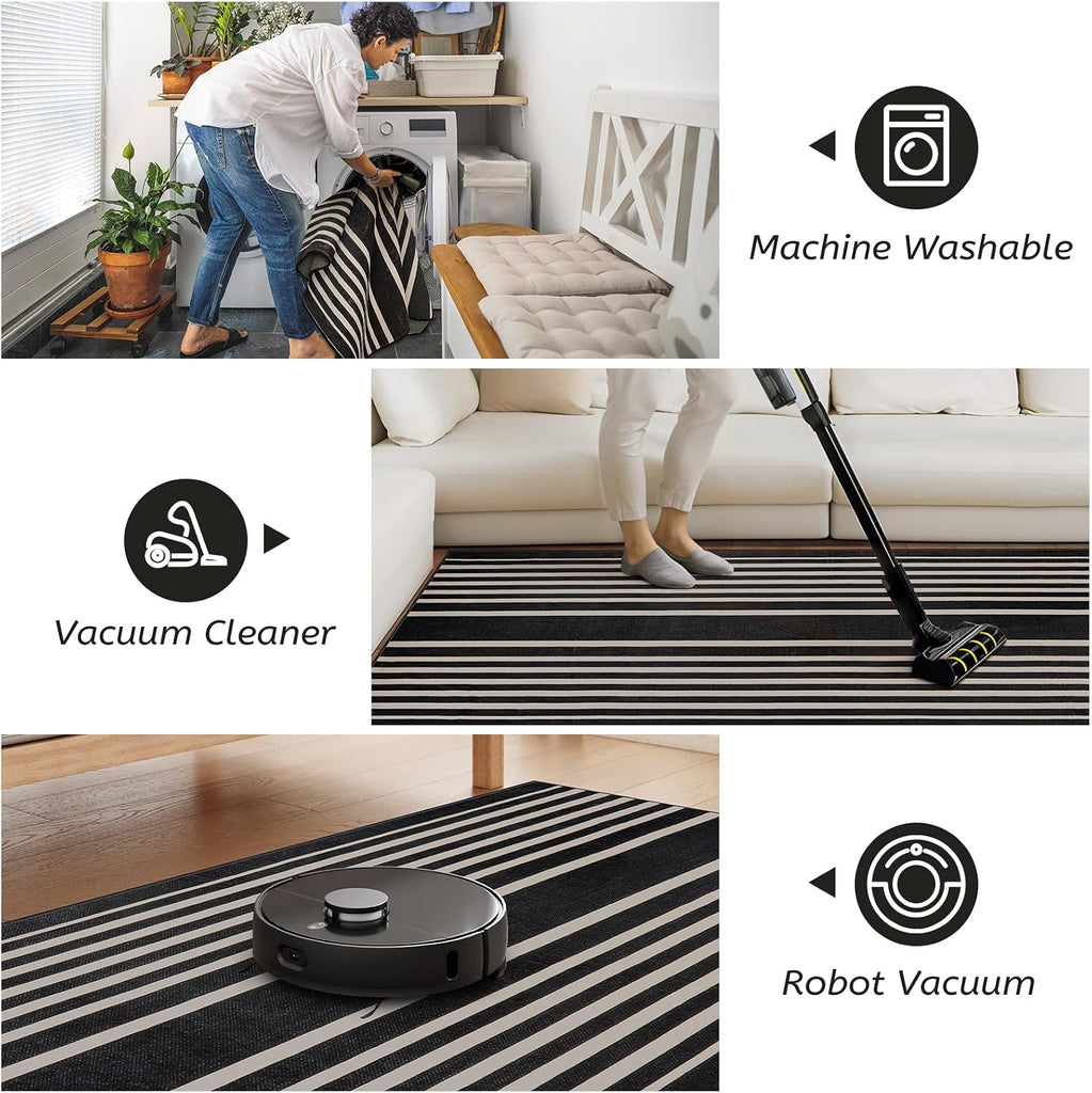 Black and White Striped Runner Rug, 2. Washable Geometric Rugs, Non Slip Rubber Backing Indoor Runner Rugs Modern
