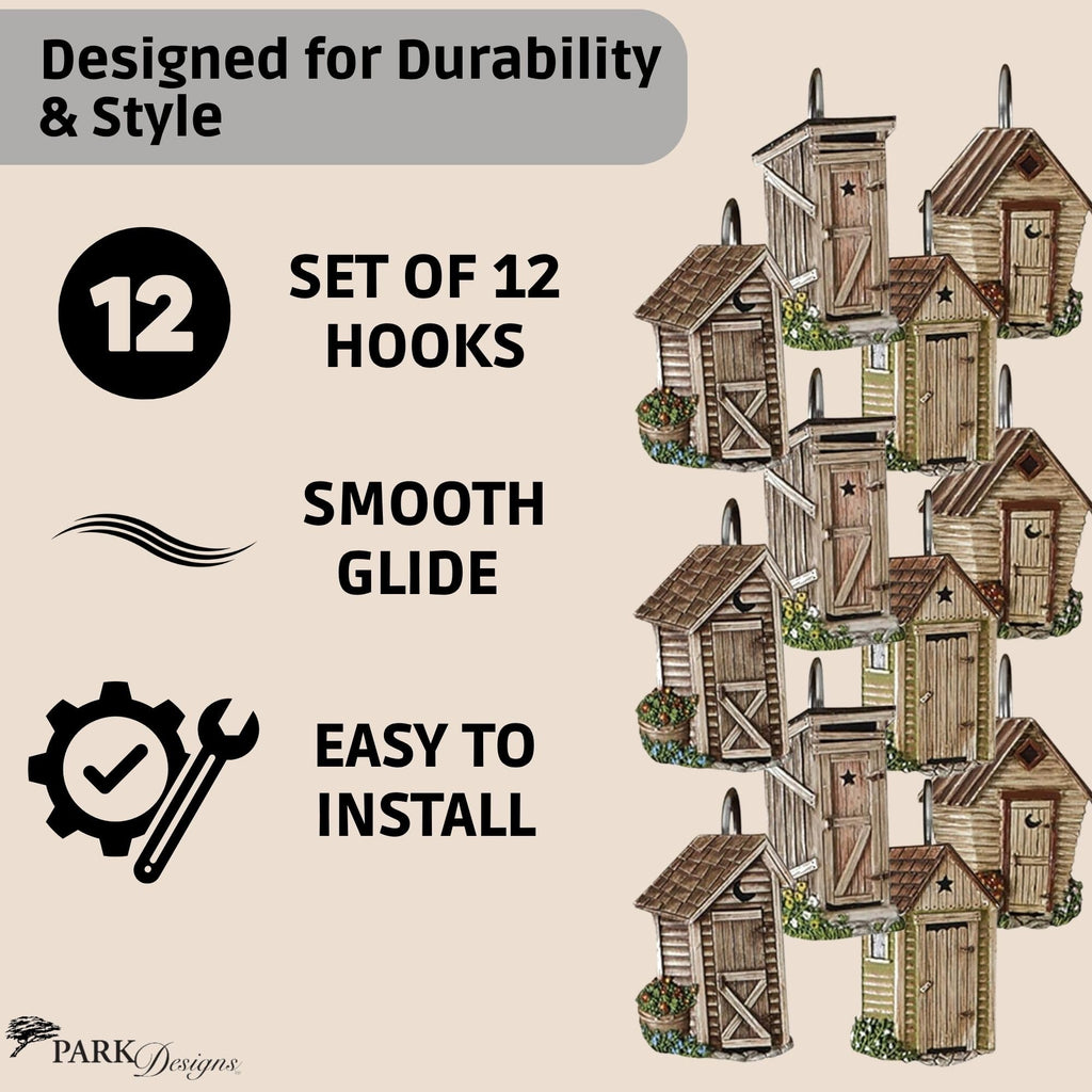 Outhouse Shower Curtain Hooks | Decorative Rustic Bathroom Curtain Hook Set of 12 | Hand-Painted Resin with Vintage