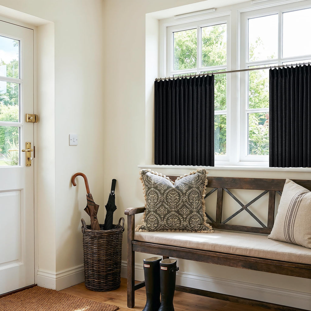 Short Black Light Filtering Pinch Pleated Cafe Curtains 24 Inches Long