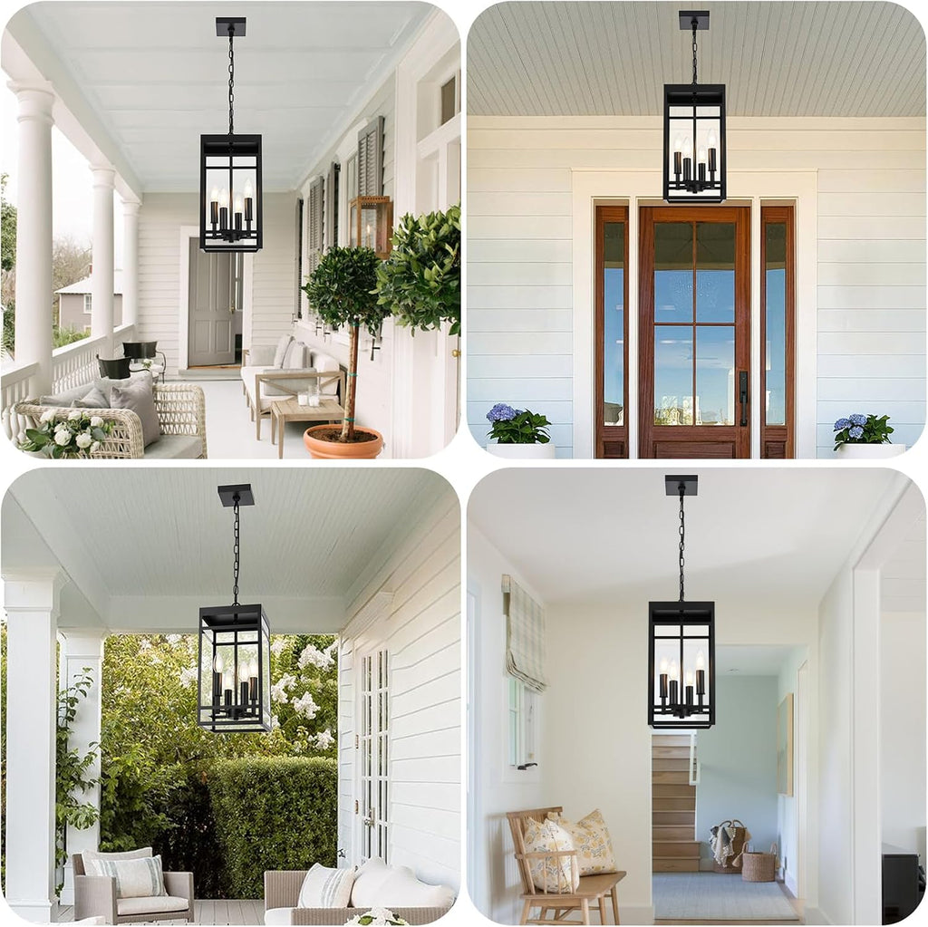 4-Lights Large Outdoor Pendant Light, Matte Black Exterior Hanging Lantern with Clear Glass
