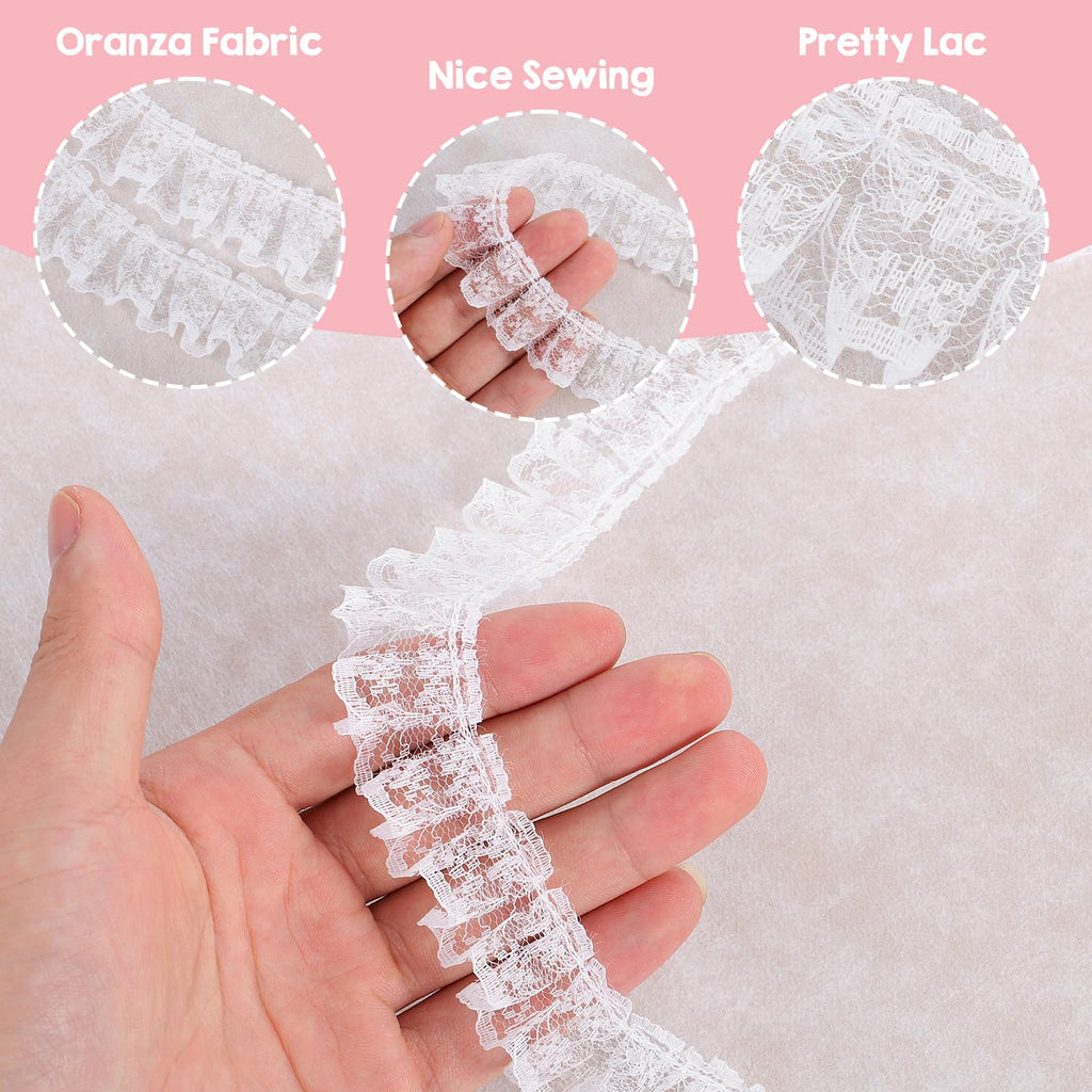 22 Yards White Lace Ruffle Trim, 20m Pleated Lace Trim Ribbon, Polyester Fabric Ribbon for Sewing Bridal Wedding