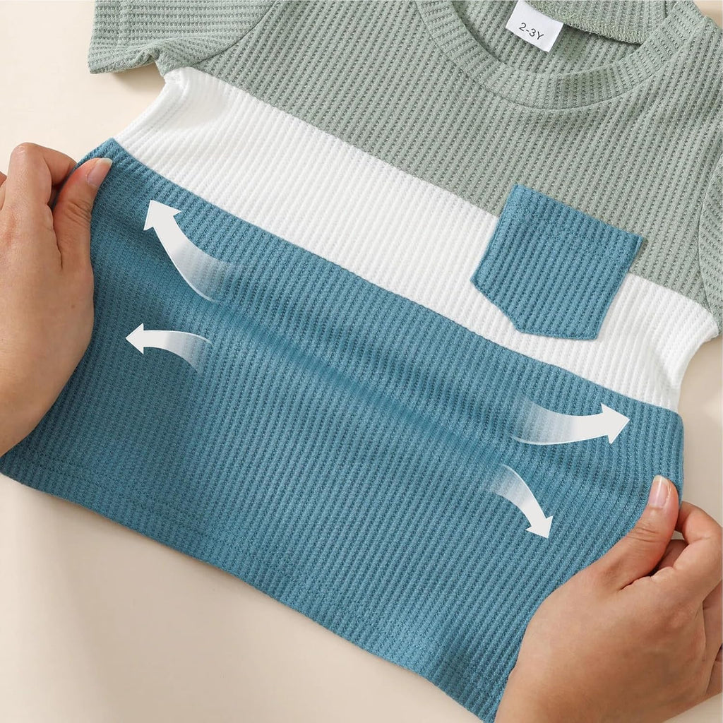 Toddler Baby Boy Summer Clothes Short Sleeve Color Block Waffle T-shirt Shorts 2pcs Outfit Set
