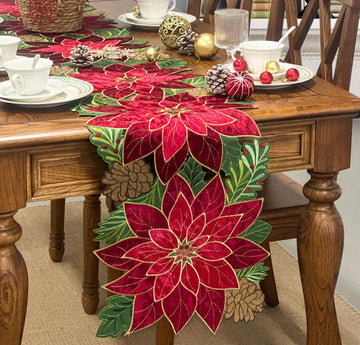 Holiday Christmas Table Runner 72 inches Long, Embroidered Red Velvet Poinsettia Cutwork Christmas Table Decorations