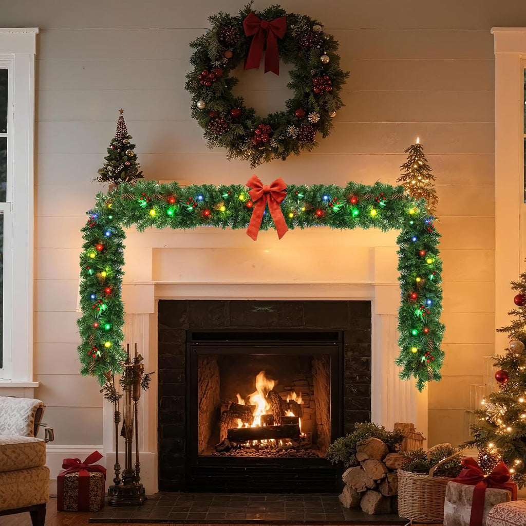 9FT Prelit Christmas Garland - Holiday Garland with 50 Multicolor LED Lights, 8 Pine Cones & 8 Red Berries, Battery