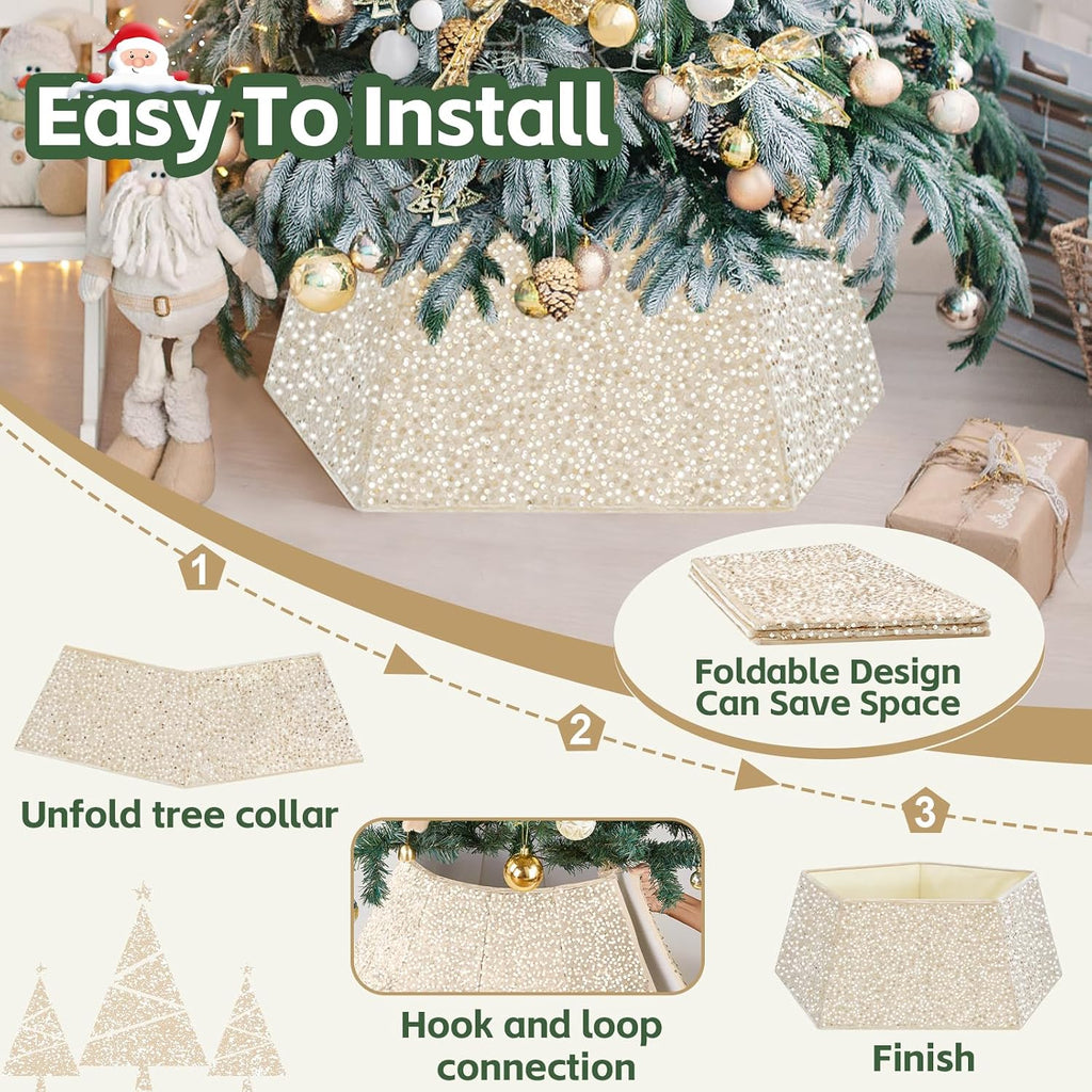 Sequin Christmas Tree Ring Collar Collapsible 25.59 Inch Champagne Gold Tree Skirt Velvet Tree Stand Cover for Xmas